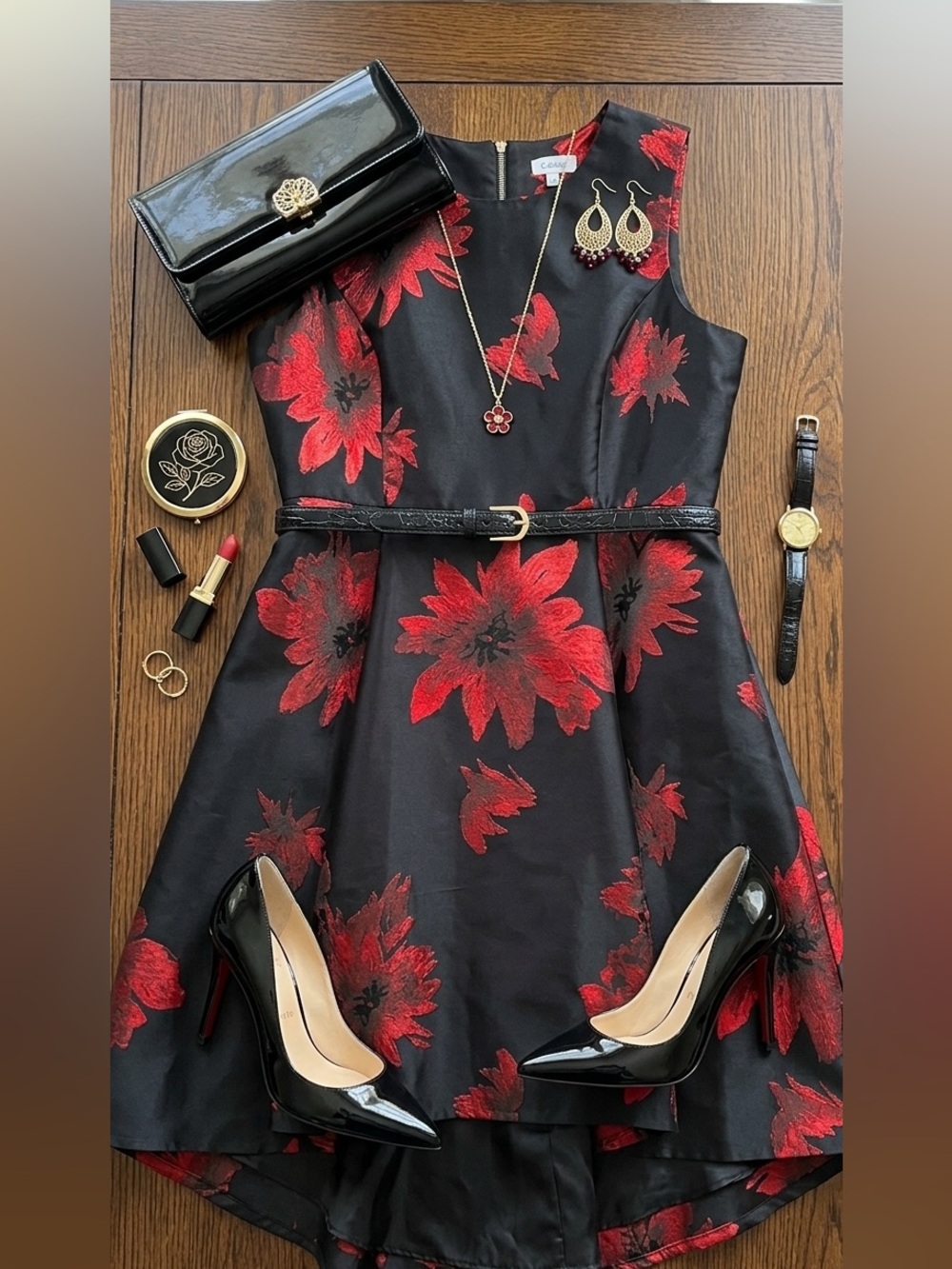Calvin Klein Black and Red Satin Dress with Floral Detail